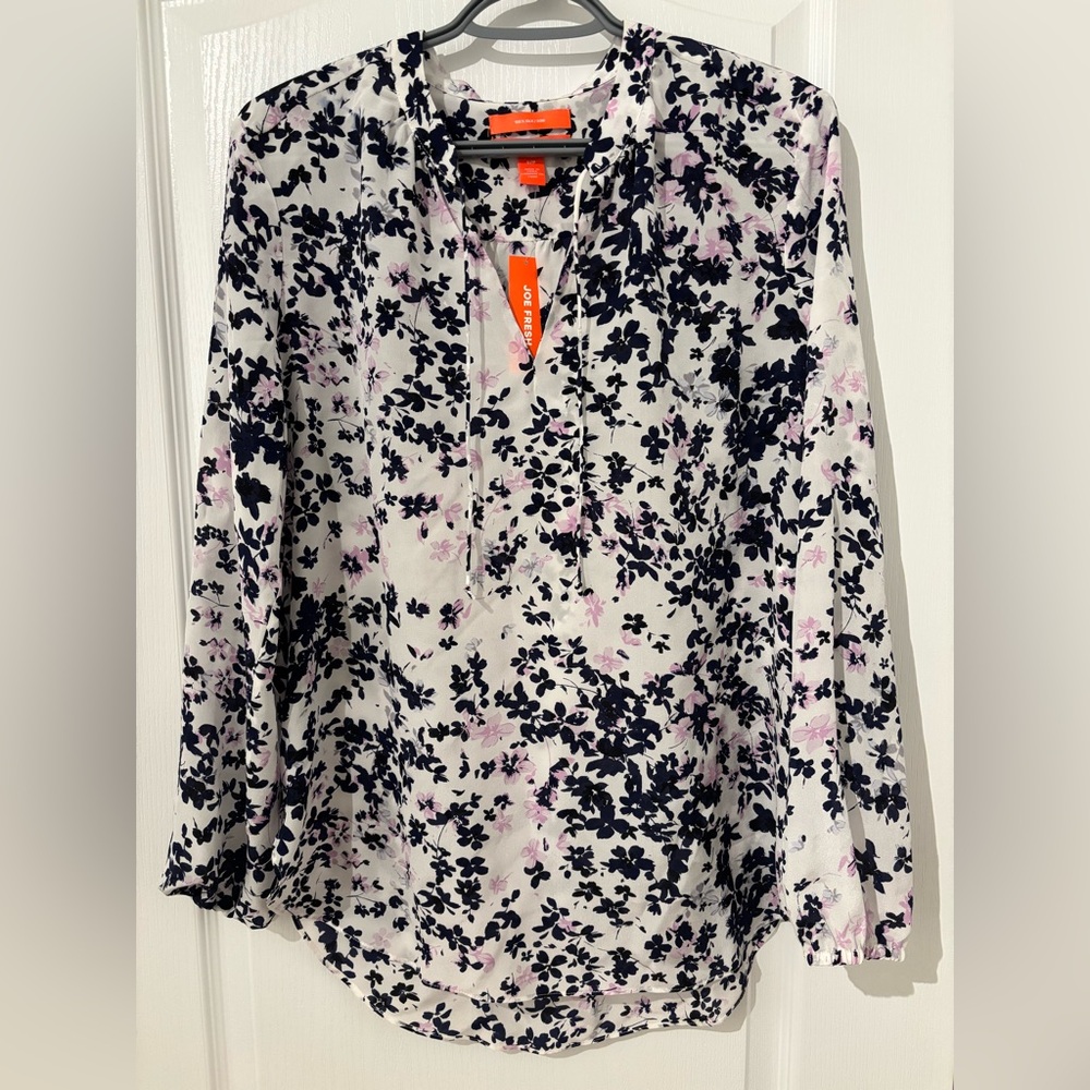 Joe Fresh Black and Pink Floral Women's Silk Blouse Shirt